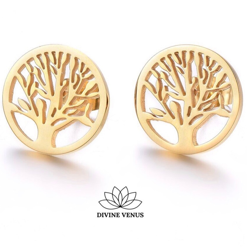 Tree of Life Earrings Gold Plated Stainless Steel - Picture 2 of 5